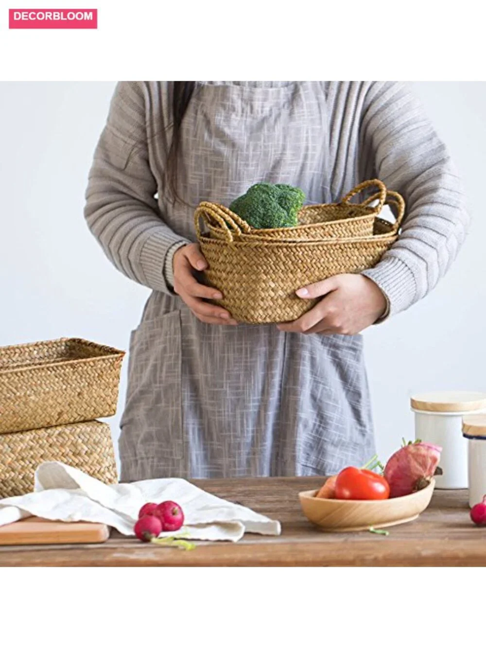 Woven Seagrass Storage Baskets Set of 3 with Handles for Kitchen Organizing